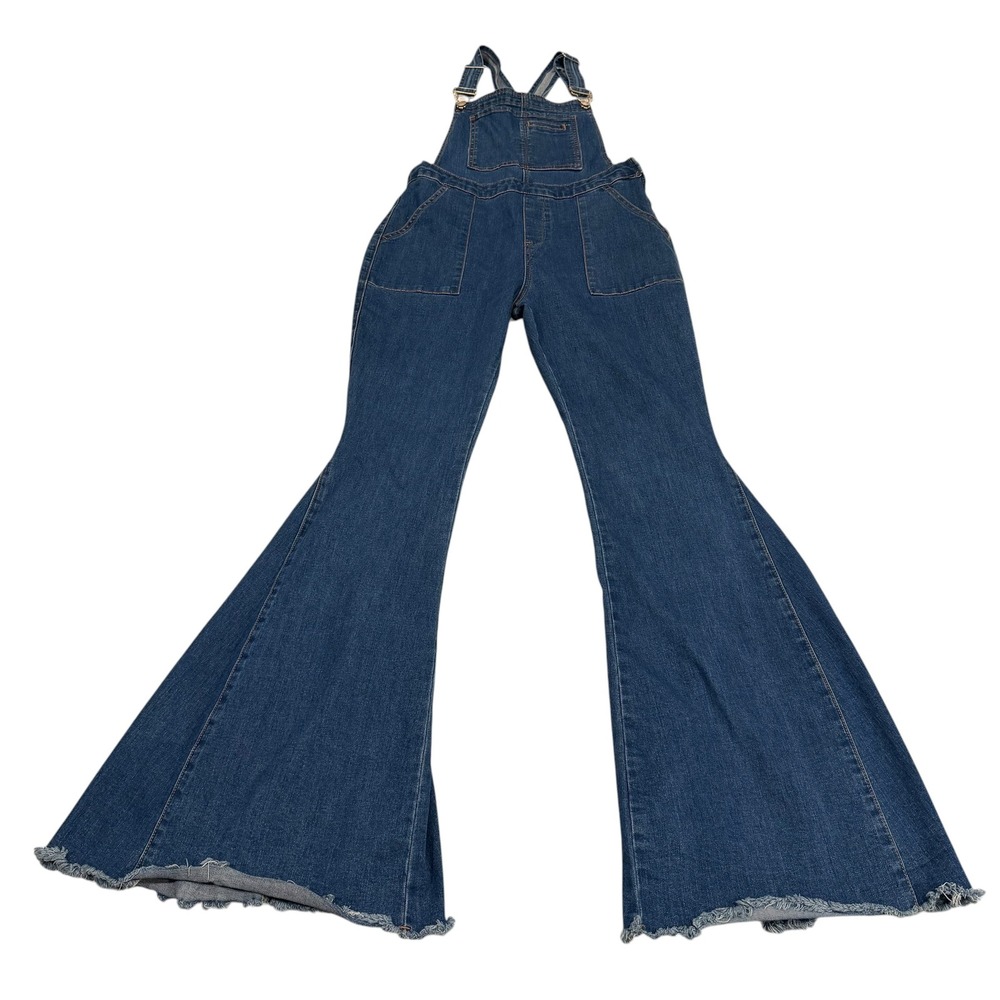 REVEROF Women Blue Wide Leg Flare Denim Overalls Large Medium Wash Bibs Boho